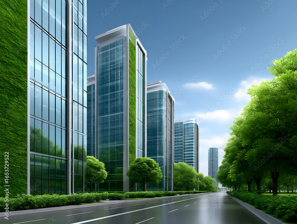 Obraz premium buildings covered in living algae that generate energy and clean the air, symbiotic architecture,