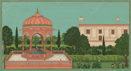 Majestic Mughal garden vector mural with ornate blue arch, dome palace, and peacock, traditional cultural wall print for bedroom decoration