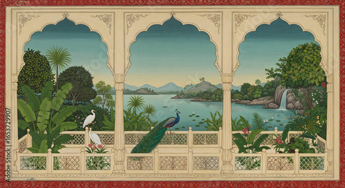 Dreamy watercolor vector landscape of lakeside garden with arch, peacock, birds, mountains, and waterfall, perfect for elegant wall art decor
