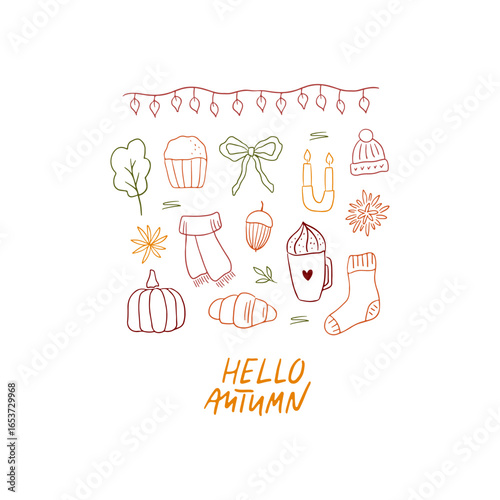 Hand drawn cozy autumn doodle illustration