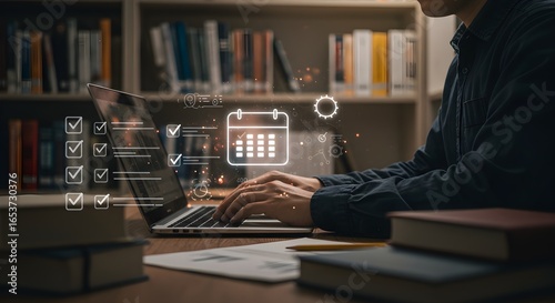 Person typing on laptop with digital checklist and calendar overlay