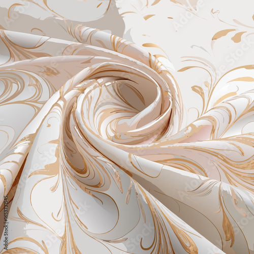 Vector art of elegant fabric with a swirling gold floral pattern on a soft white background, luxurious textile design with a smooth texture and delicate folds