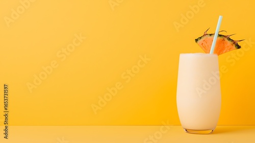 Tall glass of creamy beverage with orange garnish and straw