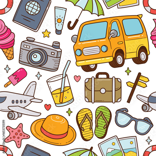 Travel doodle seamless pattern with coloring objects