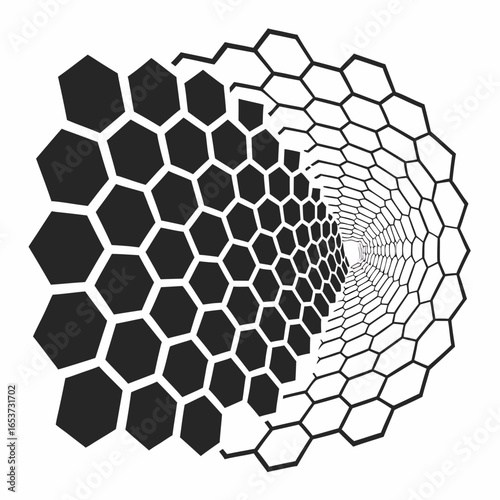Vector art of abstract geometric hexagon pattern forming a tunnel perspective, isolated on white background