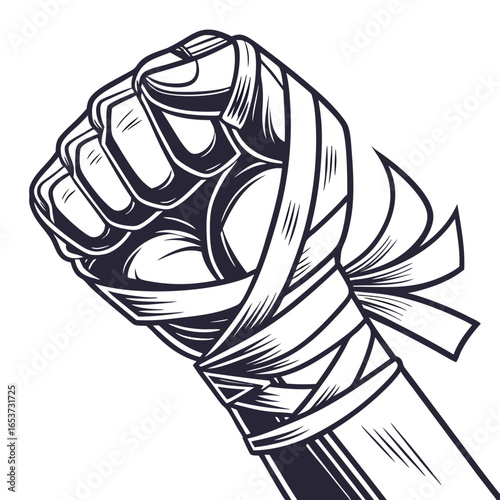 A clenched fist, wrapped in bandages, rendered in a detailed black and white illustration.