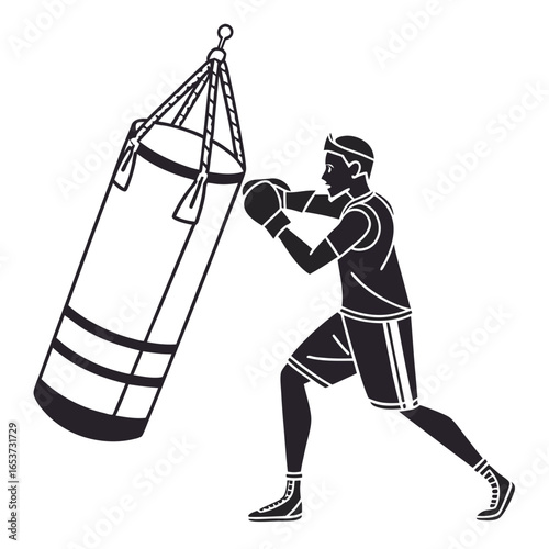 A boxer in silhouette, practicing punches on a heavy bag, showcasing athleticism and training.