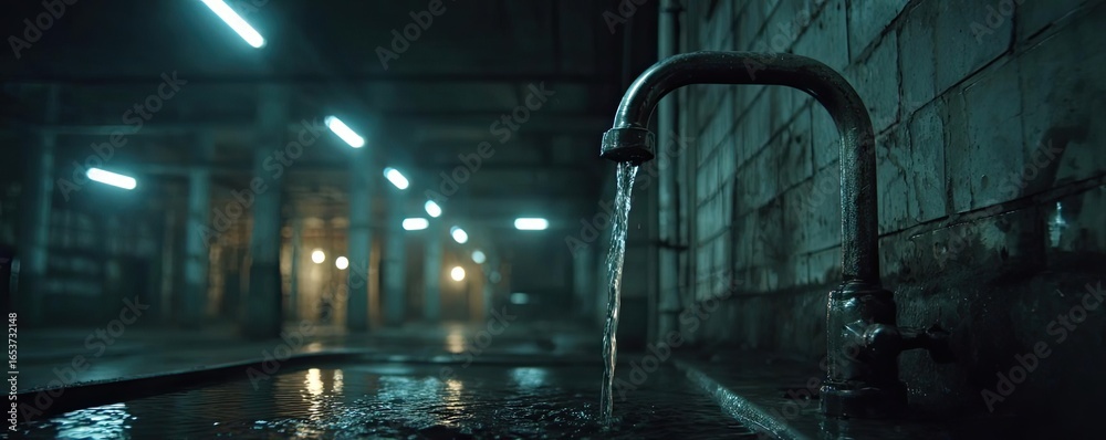 custom made wallpaper toronto digitalCloseup faucet dripping water waste with no one around concept. An industrial faucet dripping in a dimly lit environment.