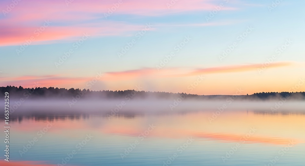 Fototapeta premium Peaceful sunrise over a misty lake with pastel colored sky