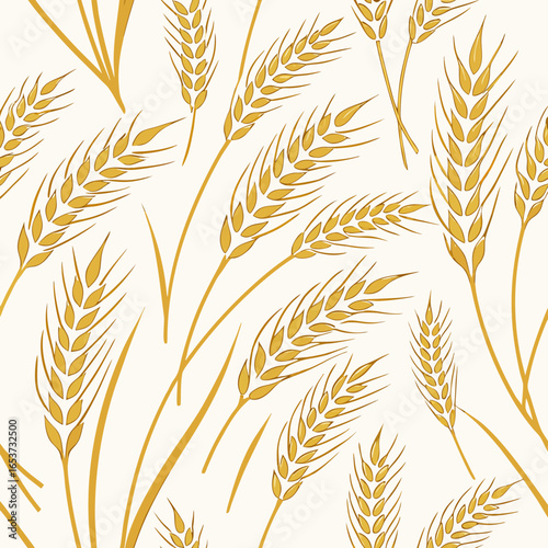 Vector art of golden wheat ears pattern, isolated on white background, representing agriculture, harvest, and natural food sources