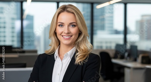 Confident businesswoman smiling in a modern office setting Free Download Confident businesswoman smiling in a modern office setting - GFXLoad