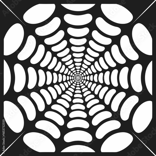 Vector art of abstract geometric pattern with radial symmetry, creating a sense of depth and infinite perspective in black and white