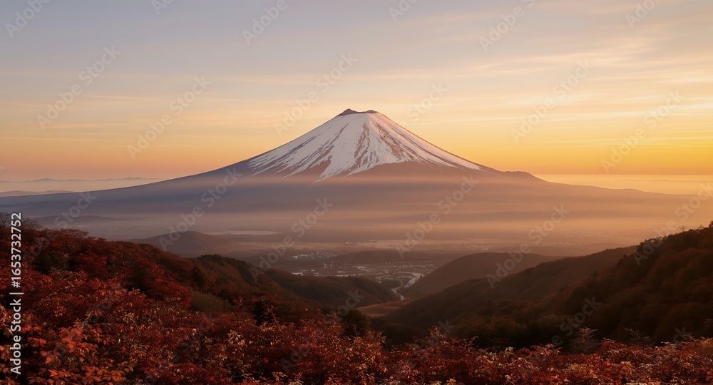 Fototapeta premium Stunning Sunrise Over Majestic Mountain Peak with Autumn Foliage