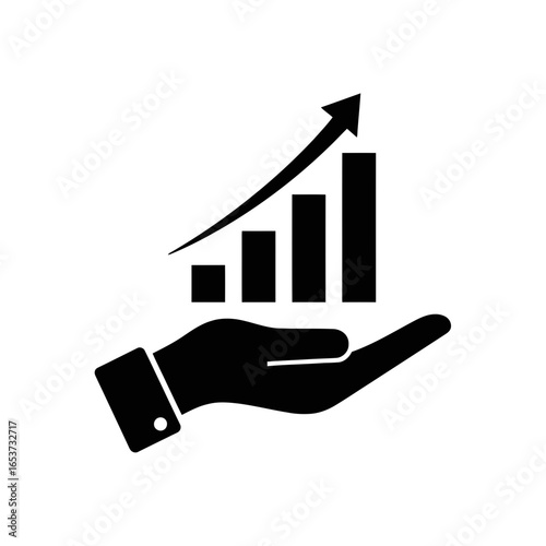 Vector art of hand holding a bar graph with an upward arrow representing business growth and financial success in a vector format