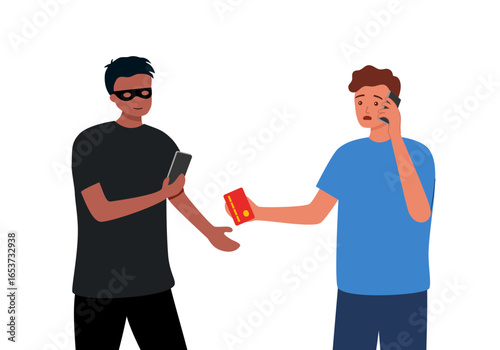 Scam, fraud via mobile phone call. Scammer getting access to money, bank card data, information from victim. Crime during smartphone talk.