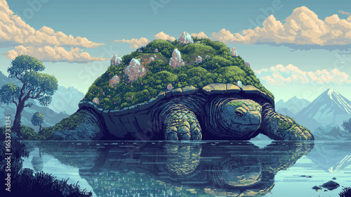 緑豊かな植物に覆われた神話の巨大なカメの島のピクセルアートイラスト