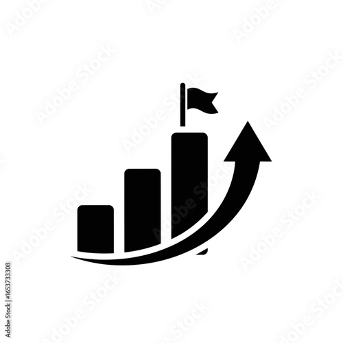 Vector art of business growth chart with arrow showing upward trend and flag on top of highest bar indicating success