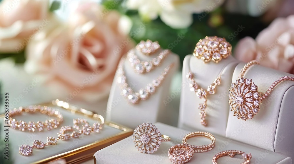 Fototapeta premium Elegant Diamond Jewelry Displayed on White Stands with Soft Background of Roses