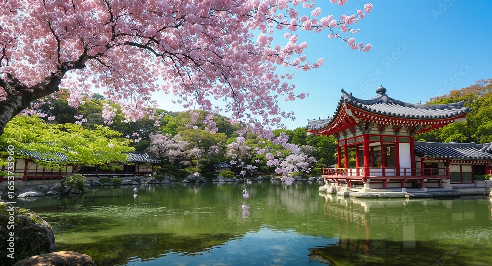 Fototapeta premium Serene Pond, Cherry Blossoms Asian Architecture Peaceful Garden Escape