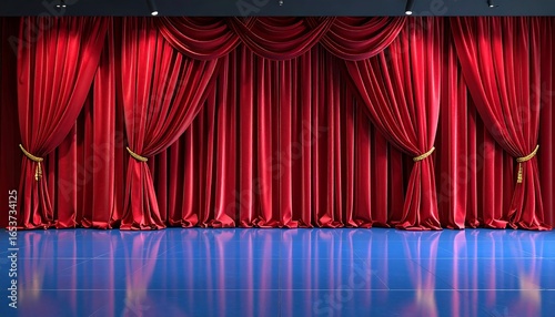 Red theater curtains on a blue floor