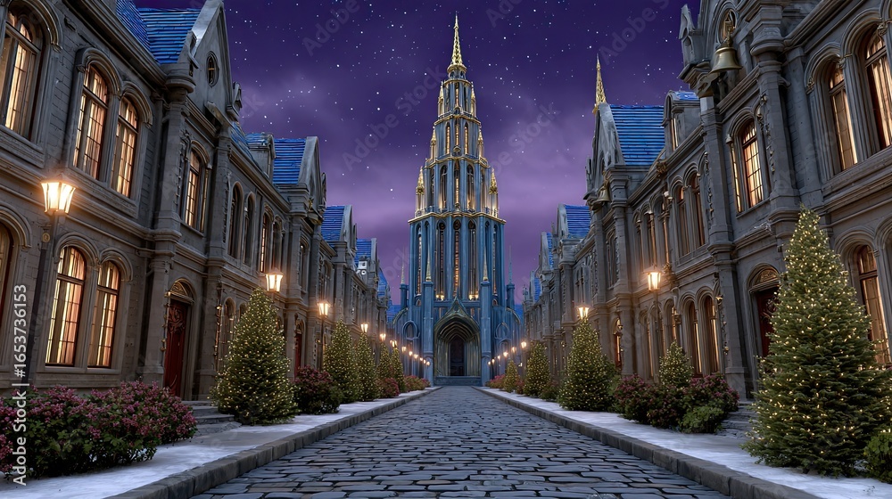 Fototapeta premium Midnight Scene with Tower and Cathedral in Europe