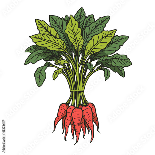 Bunch of root vegetables with green leaves and red roots, transparent background  