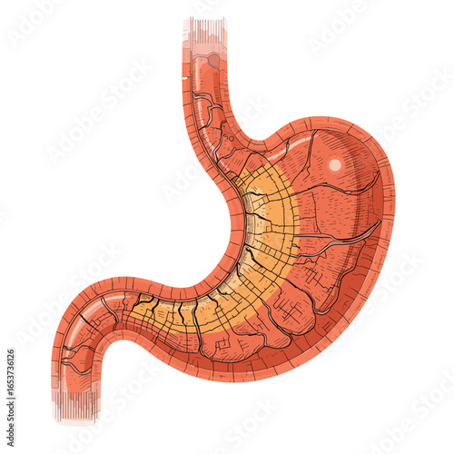 Stomach ulcer diagram showing damaged stomach lining and structure  