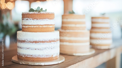 A set of beautifully layered, naked cakes with a simple design, adorned with greenery, displayed on a wooden table in a softly lit setting.