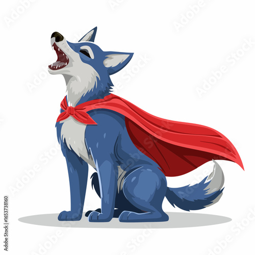 Illustration of a Blue Wolf Howling While Wearing a Red Cape, Canine Character