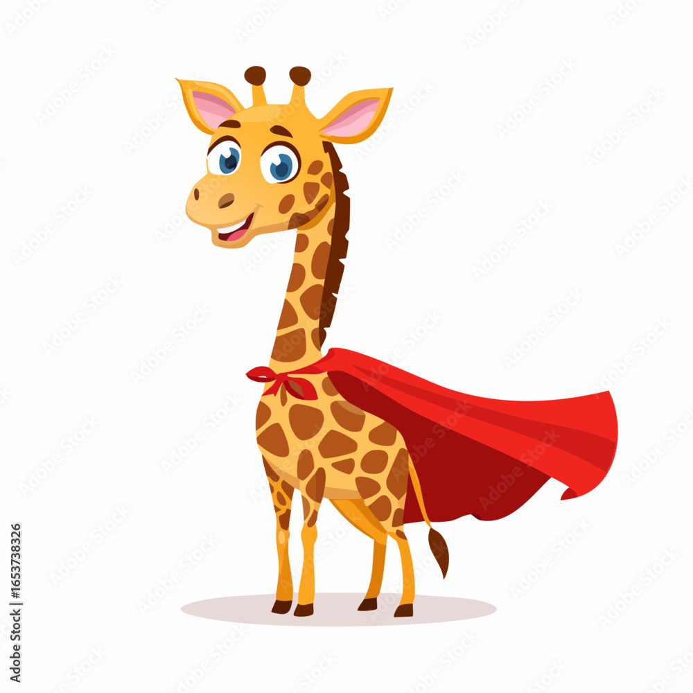 Fototapeta premium Cartoon superhero giraffe with a red cape smiling.