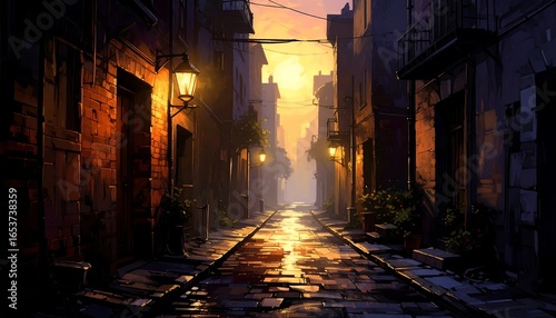 A narrow alleyway at dusk, lit by lamps