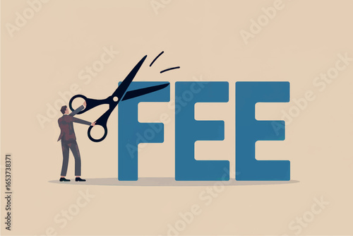 Small person cutting the large blue word fee with scissors isolated on transparent background