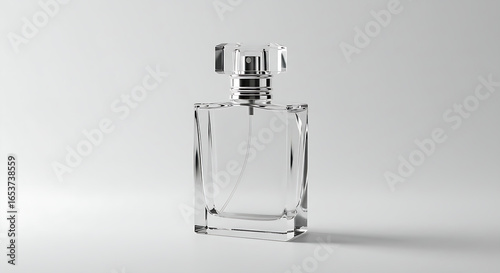 A clean, empty glass perfume bottle with a crystal cap, set against a pristine white background.
