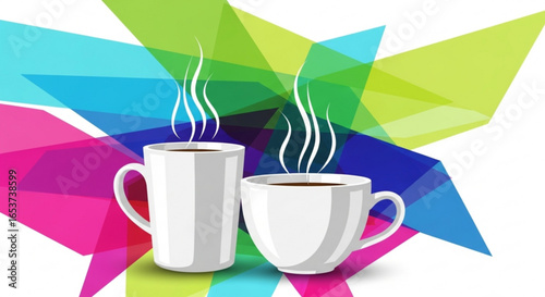 Two cups of coffee or tea with colorful geometric background for a relaxing morning or afternoon break