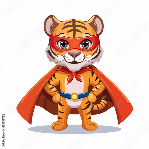 Cute cartoon tiger superhero character wearing a red cape and mask, ready for action