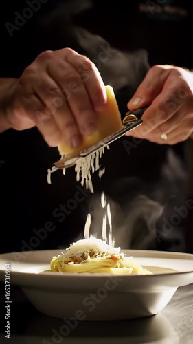 Chef grating fresh parmesan cheese over hot steaming spaghetti