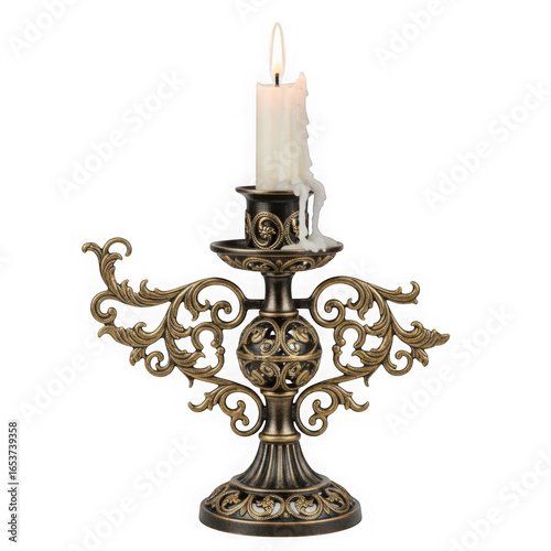 A lit candle on an ornate gold candlestick isolated on transparent background
