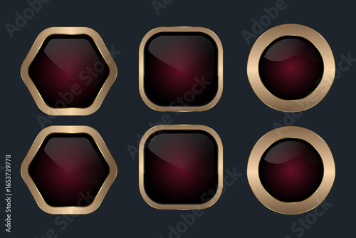 SET of different Luxury Red Hexagon Buttons with striking hexagonal design, SIX shapes button with smooth, glossy surface, and deep red-to-black gradient banner