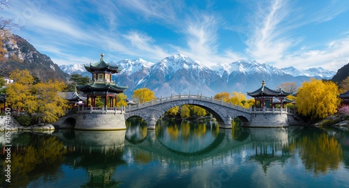 Serene Asian Bridge, Autumn Leaves, Mountain Reflection, Scenic Landscape, Travel Photography