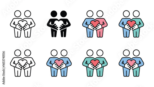 Diverse Couple Icons Holding Heart, Symbolizing Love, Support, and Relationships