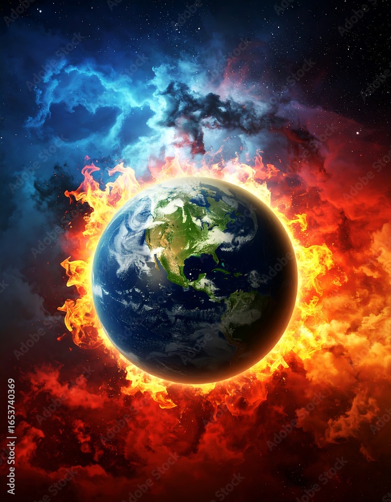 Fototapeta premium Earth engulfed in apocalyptic flames