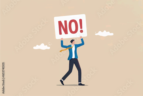 Man holding a large sign with the word no in red letters protesting isolated on transparent background