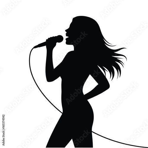 Silhouette of a Woman Singing into a Microphone with Flowing Hair, Isolated on White Background