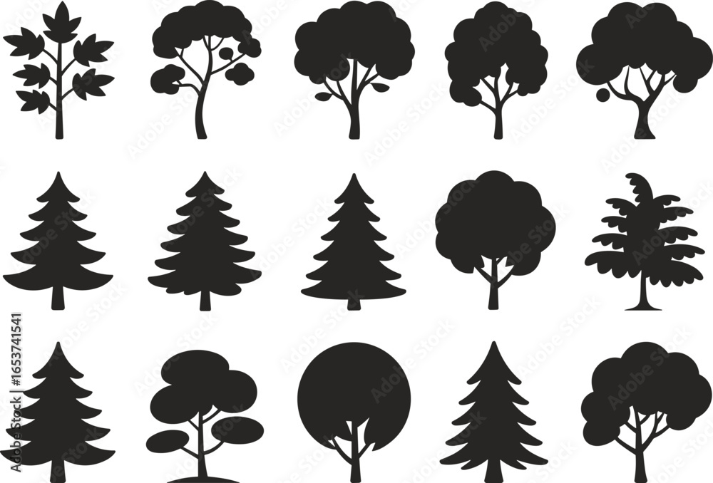 Fototapeta premium Set of Fifteen Unique Tree Silhouettes in Black Vector Style for Nature, Landscape, Environmental, Seasonal, and Graphic Design Projects