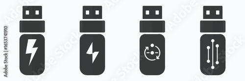 Collection of USB flash drive icons symbolizing technology and data transfer