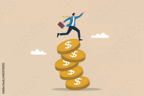 Businessman running up a precarious stack of gold coins with dollar signs isolated on transparent background