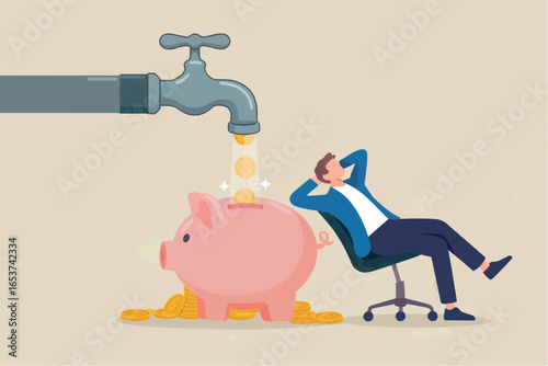 Man relaxing as money flows from faucet into piggy bank isolated on transparent background