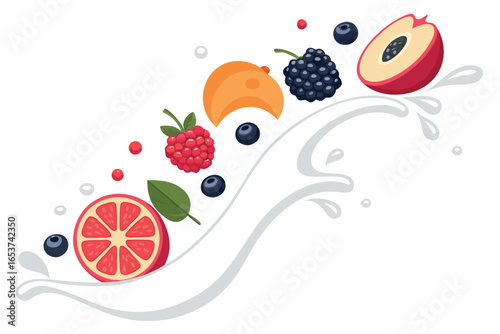 Assortment of Fresh Berries and Fruit Slices with Milk Splash berry yogurt