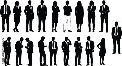 Silhouette vector illustration of diverse business professionals standing in formal attire for corporate teamwork, office presentation, and leadership concept designs