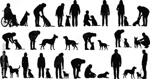 Silhouette vector illustration of people interacting with dogs in various activities including walking, training, playing, and companionship for pet care themes